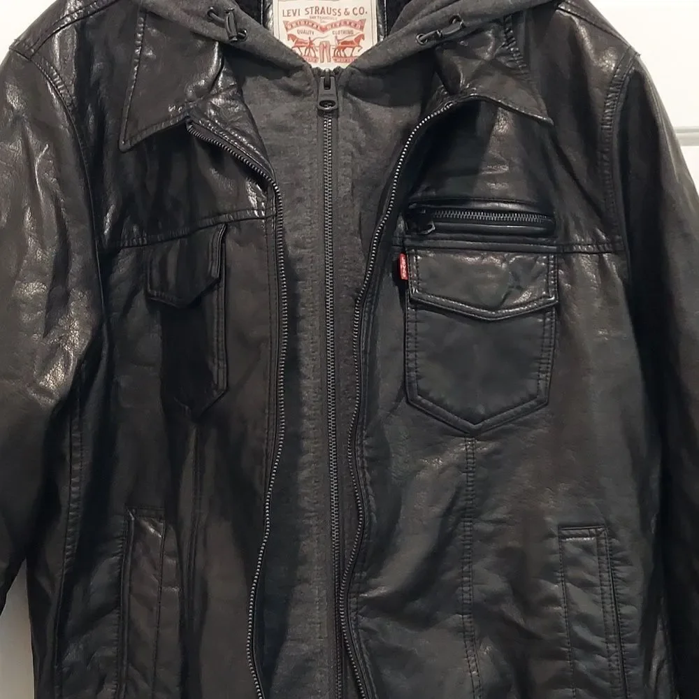 Levi’s Black Faux Leather Sherpa Hooded Bomber Jacket Sz XL